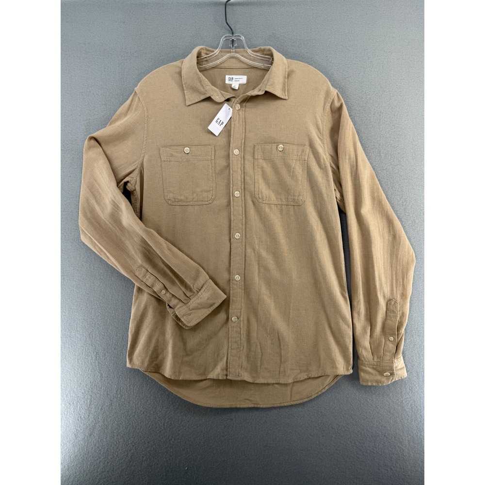 Gap Mens Standard Utility Fit Herringbone Brushed Cotton Shirt Khaki S